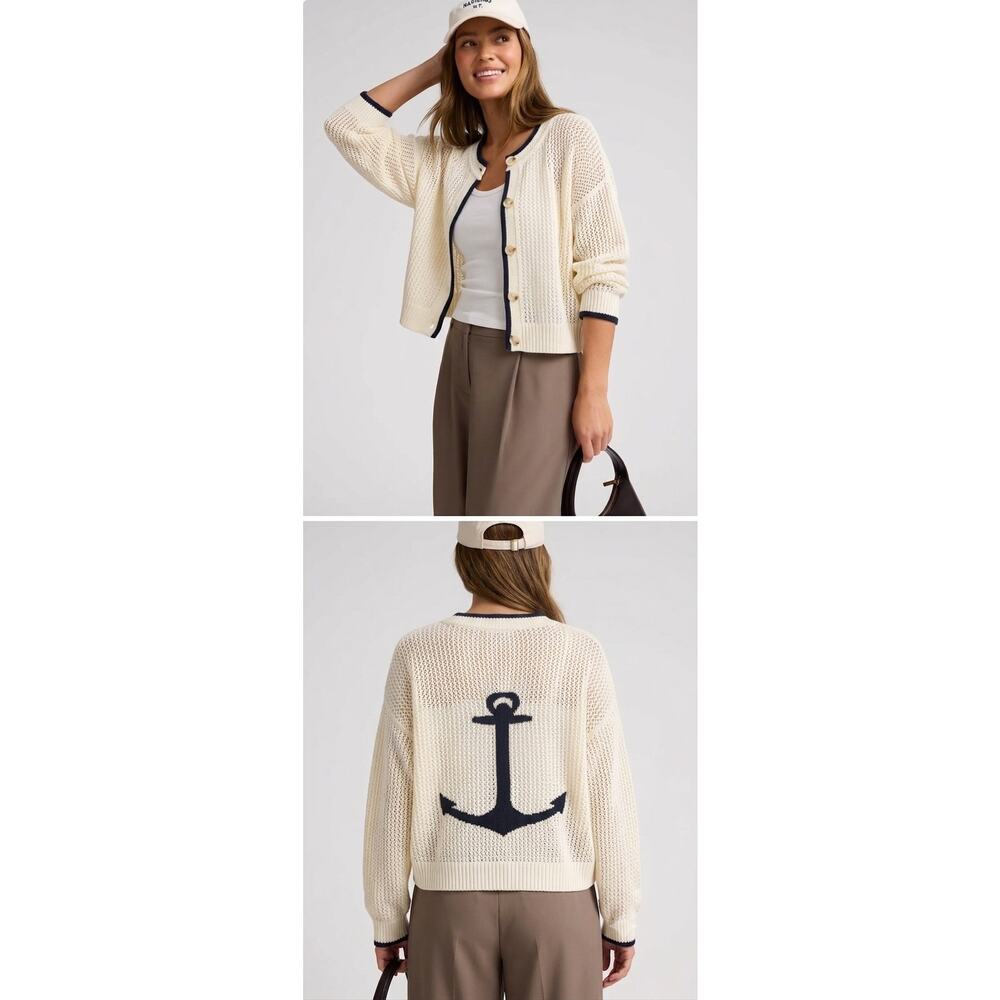 525 Anchor Open Fisherman Knit Cotton Cardigan Nautical Coastal Sweater L NWT